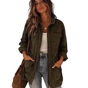 Levi Strauss Size XS Jean Jacket Dark Green Mid Length Womens Drawstring Zip 679